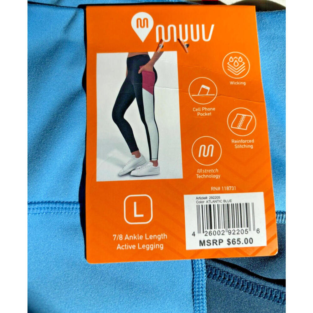 MUUV Active 7/8 Ankle Length Gym Workout Yoga Blue Colorblock Leggings Sz  L NWT